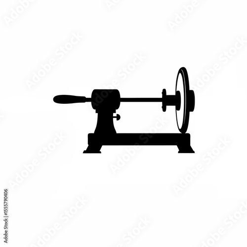 Silhouette of a lathe machine turning a cylindrical metal piece on white background
