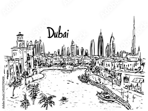 dubai waterfront cityscape hand drawn sketch