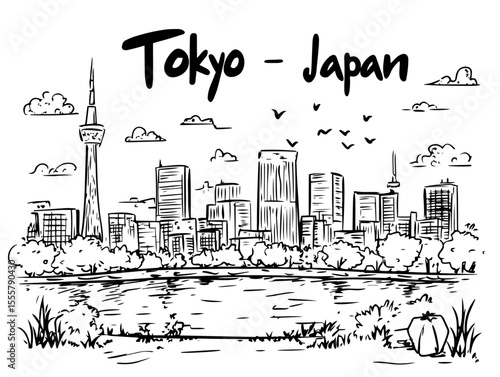 tokyo skyline with skytree tower vector illustration
