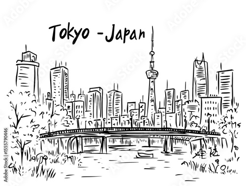 tokyo cityscape with bridge hand drawn sketch