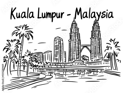 kuala lumpur waterfront with petronas towers illustration