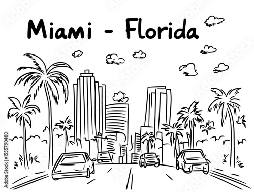 miami city street with palm trees hand drawn sketch