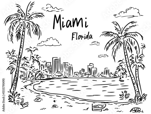 miami beach skyline with palm trees vector illustration