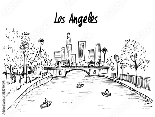 los angeles skyline with river sketch illustration