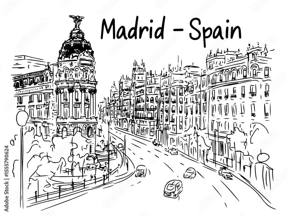 Obraz premium madrid gran via street with metropolis building sketch