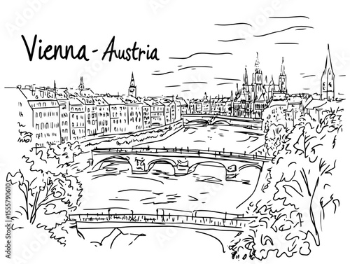 vienna skyline with danube river hand drawn illustration
