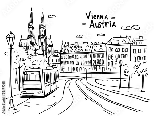 vienna tram street with gothic cathedral vector sketch