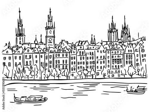 Photography prague waterfront with boat and skyline vector illustration
