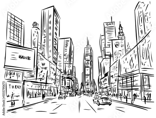 new york city street with skyscrapers hand drawn