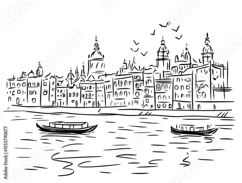 waterfront european city with boats vector sketch