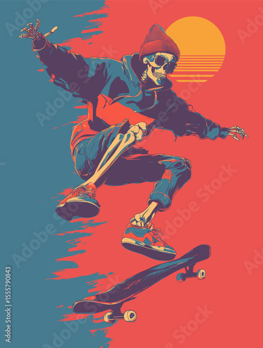 Skeleton skateboarder in streetwear doing aerial trick at sunset – colorful pop art illustration with urban skate style
