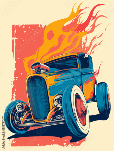 Flaming vintage hot rod car in bold retro style – dynamic classic automobile illustration with pop art influence