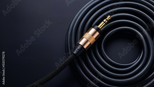 Quality Audio Cable with Gold-Plated 3.5mm Jack Plug, Coiled Neatly on a Dark Background, Representing Sound Connectivity and Premium Multimedia Experience