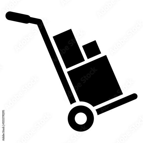 Icono transporte de mercancias. Silueta de carretilla de mano con paquetes apilados	