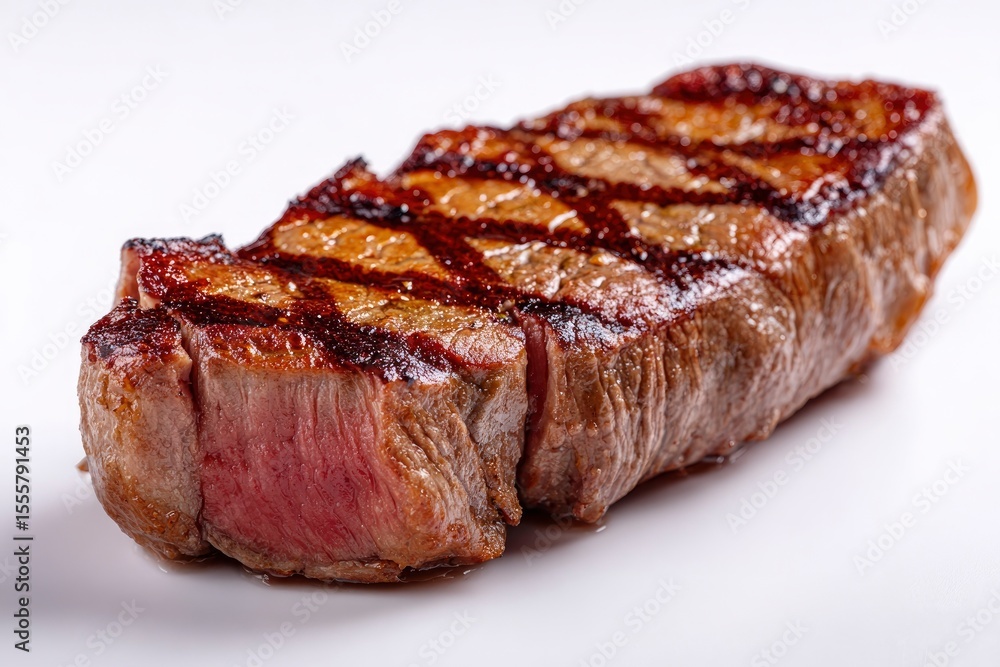 A cooked steak showing grill marks and a pink interior rests on a white surface A cooked steak showing grill marks and a pink interior rests on a white surface