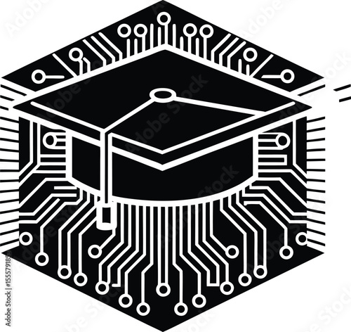 Digital Education Graduation Cap on Circuit Board, Online Learning, E-learning, Technology in Education