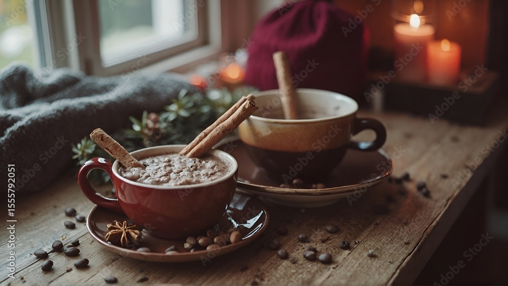 Fototapeta premium Warm beverages with cinnamon sticks evoke a cozy, comforting atmosphere on a rustic wooden table.