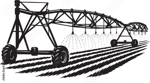 Center Pivot Irrigation System Silhouette – High-Detail Black and White Vector of Rotating Crop Watering Equipment