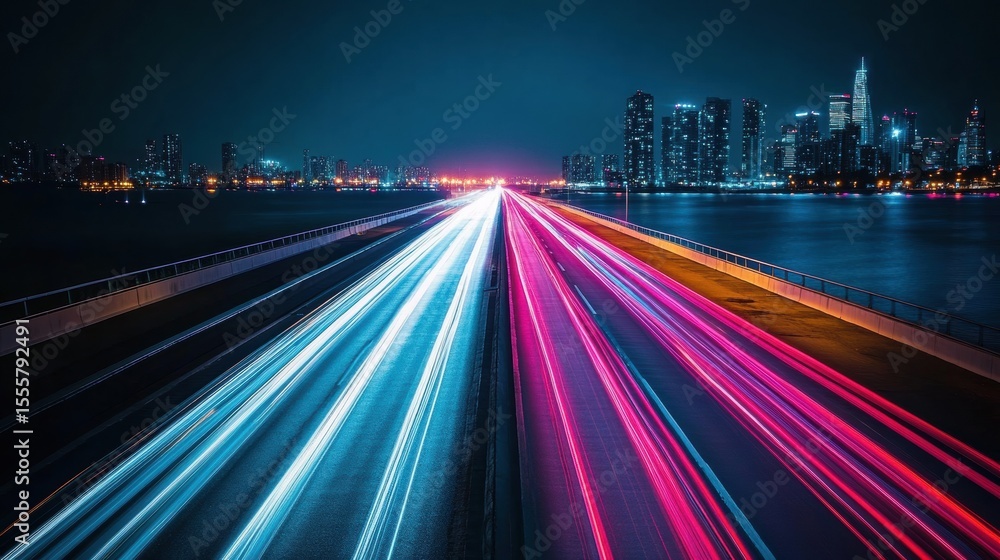 Fototapeta premium A vibrant cityscape with colorful light trails, neon-lit skyscrapers, and a dynamic sense of motion