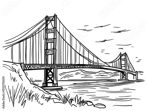 suspension bridge over bay hand drawn black and white vector