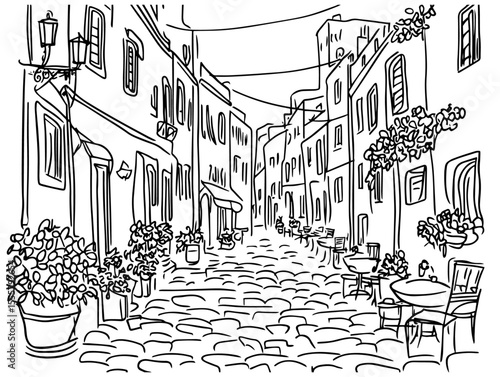 charming european alley with stone pavement and flowers vector