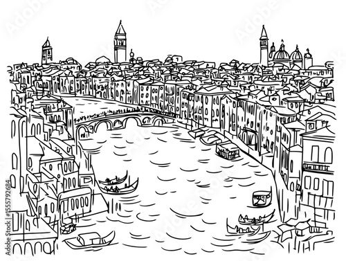 venetian grand canal with historic buildings and boats hand drawn vector