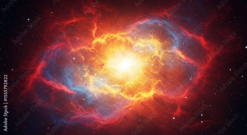 Fototapeta premium Vibrant nebula digital artwork. Colorful cosmic clouds in outer space. Fiery core nebula with swirling gases.