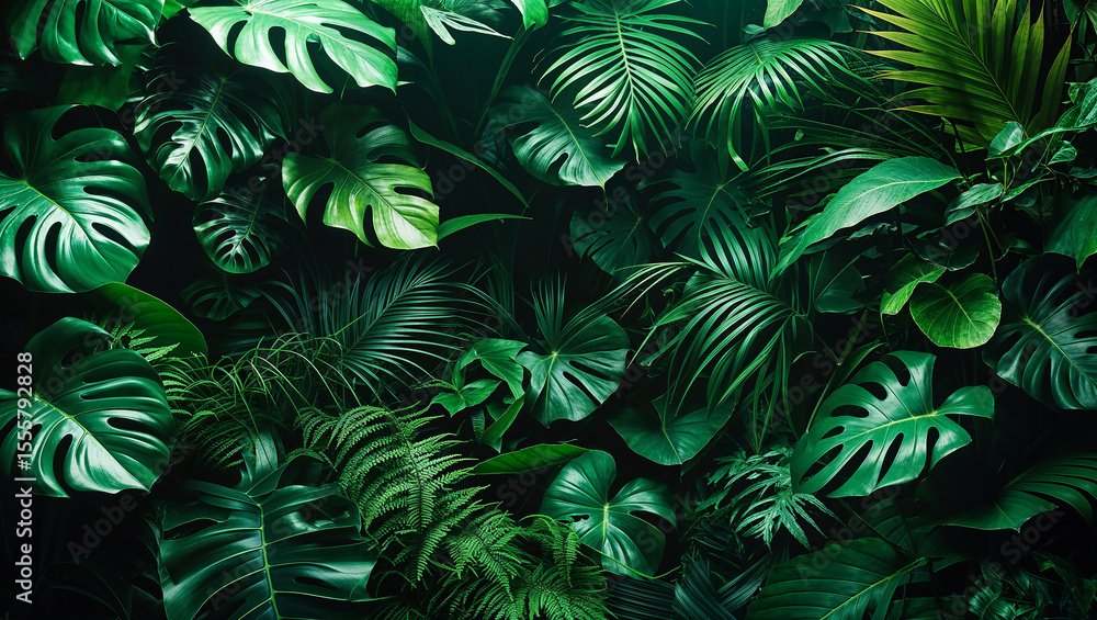 Tropical green leaves creating lush natural background Tropical green leaves creating lush natural background