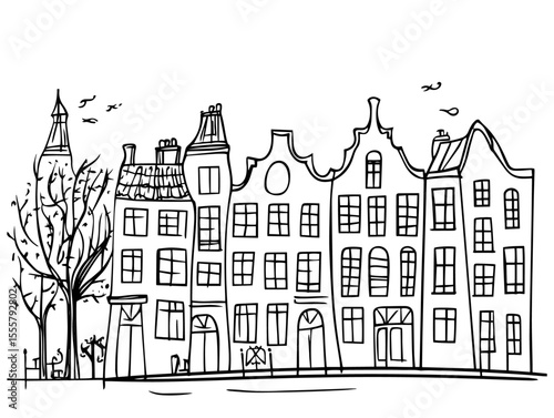 dutch townhouses with decorative facades hand drawn black and white vector