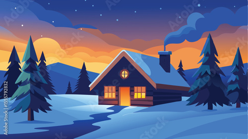 A cozy cabin nestled in snowy mountains at sunset, illuminated with warm light
