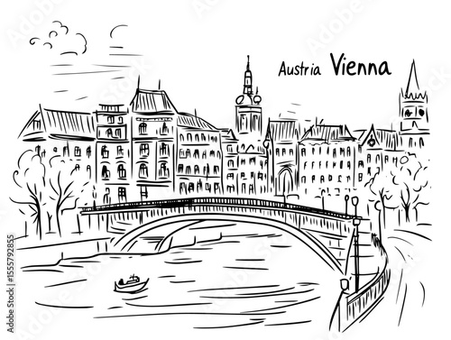 vienna cityscape with bridge and river hand drawn black and white vector
