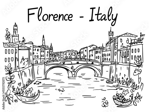 florence ponte vecchio and city skyline hand drawn black and white vector
