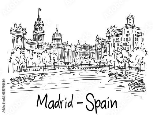 madrid cityscape with historic buildings and boats hand drawn vector
