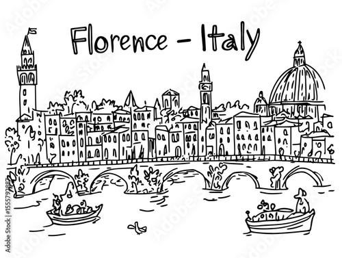 florence skyline with dome and ponte vecchio hand drawn black and white vector