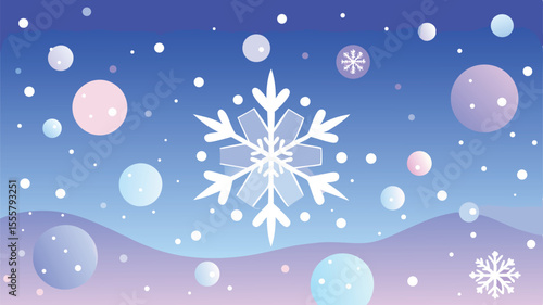 A dreamy winter scene with a snowflake and pastel circles on a gradient background
