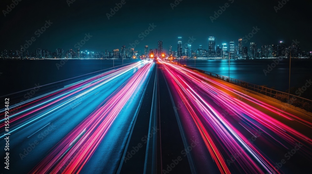 Fototapeta premium A vibrant cityscape with colorful light trails, neon-lit skyscrapers, and a dynamic sense of motion