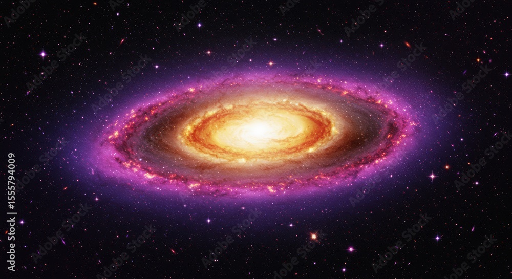 Obraz premium Fiery spiral galaxy in vibrant cosmic illustration. Colorful elliptical galaxy with glowing core. Grand cosmic scene with purple and pink spiral arms.