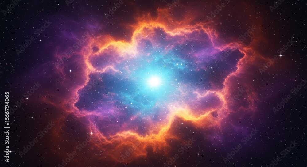 Fototapeta premium Striking blue-core nebula with swirling purple and pink clouds. Dynamic cosmic scene with glowing edges. Vast space illustration with colorful nebula.