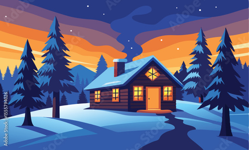A cozy cabin nestled in snowy mountains at sunset, illuminated by warm interior lights