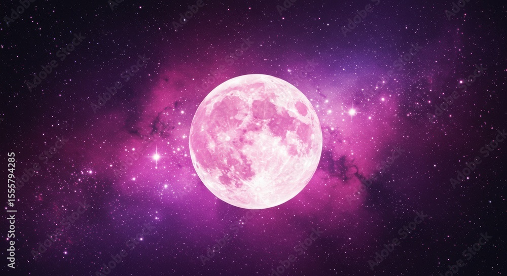 Obraz premium Stylized moon with pink and purple cosmic background. Dreamlike digital artwork of a luminous celestial scene. Ethereal space art with nebula-like effects.