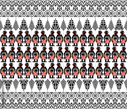 Traditional Thai shadow puppet art pattern in pixel style, inspired by southern cultural heritage and textile design.