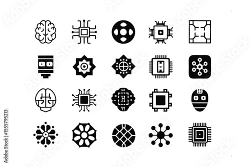 Digital Icon Set: A collection of diverse digital icons showcasing cutting-edge technology concepts in a sleek, minimalist design, conveying the essence of innovation and technological progress.