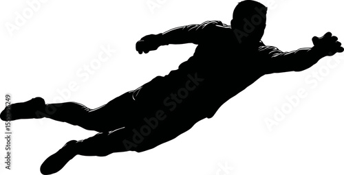 Dynamic Black Silhouette of a Person Diving Reaching Stretching Isolated on White