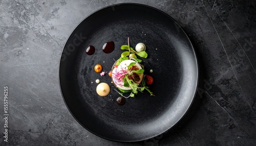Fototapeta Naklejka Na Ścianę i Meble -  Gourmet fine dining dish artfully plated on black plate over dark stone background – modern haute cuisine food photography