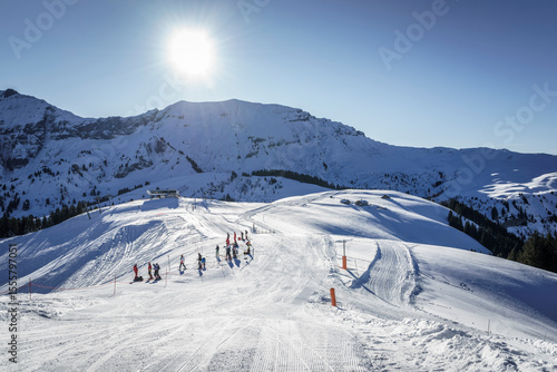 Ski slopes with young skiers preparing for a competition, Megeve, France