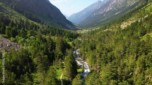Aerial view of Lake Estom. Lake Gaube is a lake in the French Pyrenees, in the Hautes-Pyrénées department, near the town of Cauterets