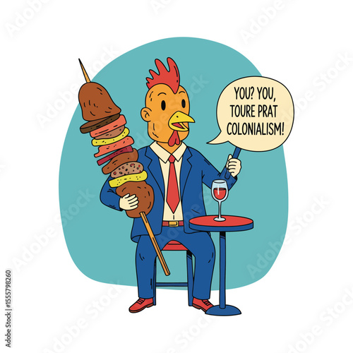 Rooster in a Suit Holds a Skewer of Food Satirizing Colonialism.