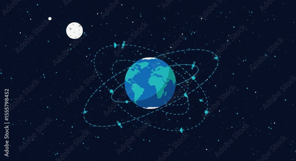 Naklejka premium Minimalist Earth with satellite orbital paths. Cartoon-like digital globe in deep space. Simplified continents with dashed orbit lines.