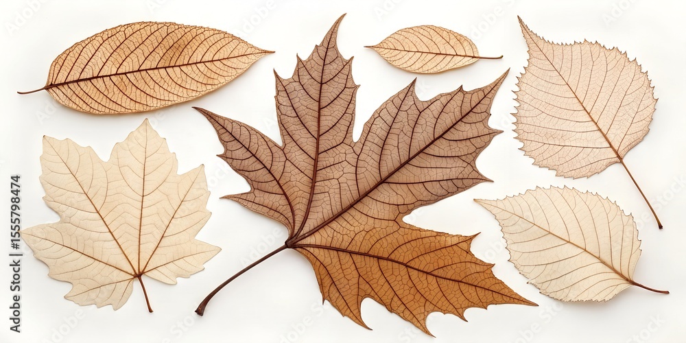 Obraz premium Autumn-themed flat lay with dried brown and beige leaves on white background, symbolizing fall season, nature, seasonal change, and organic textures in minimalist style.