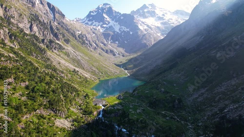 Aerial view of Lake Estom. Lake Gaube is a lake in the French Pyrenees, in the Hautes-Pyrénées department, near the town of Cauterets